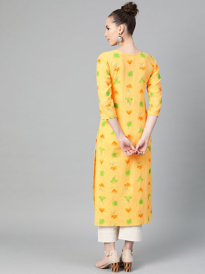 Yellow Multi Colored Printed Kurta With Round Neck With V & 3/4 Sleeves | LASVINI - Redefining Indian Fashion with Elegance