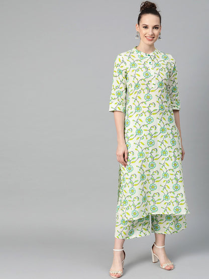 Off-White & Green Printed Kurta With Palazzo | LASVINI - Redefining Indian Fashion with Elegance