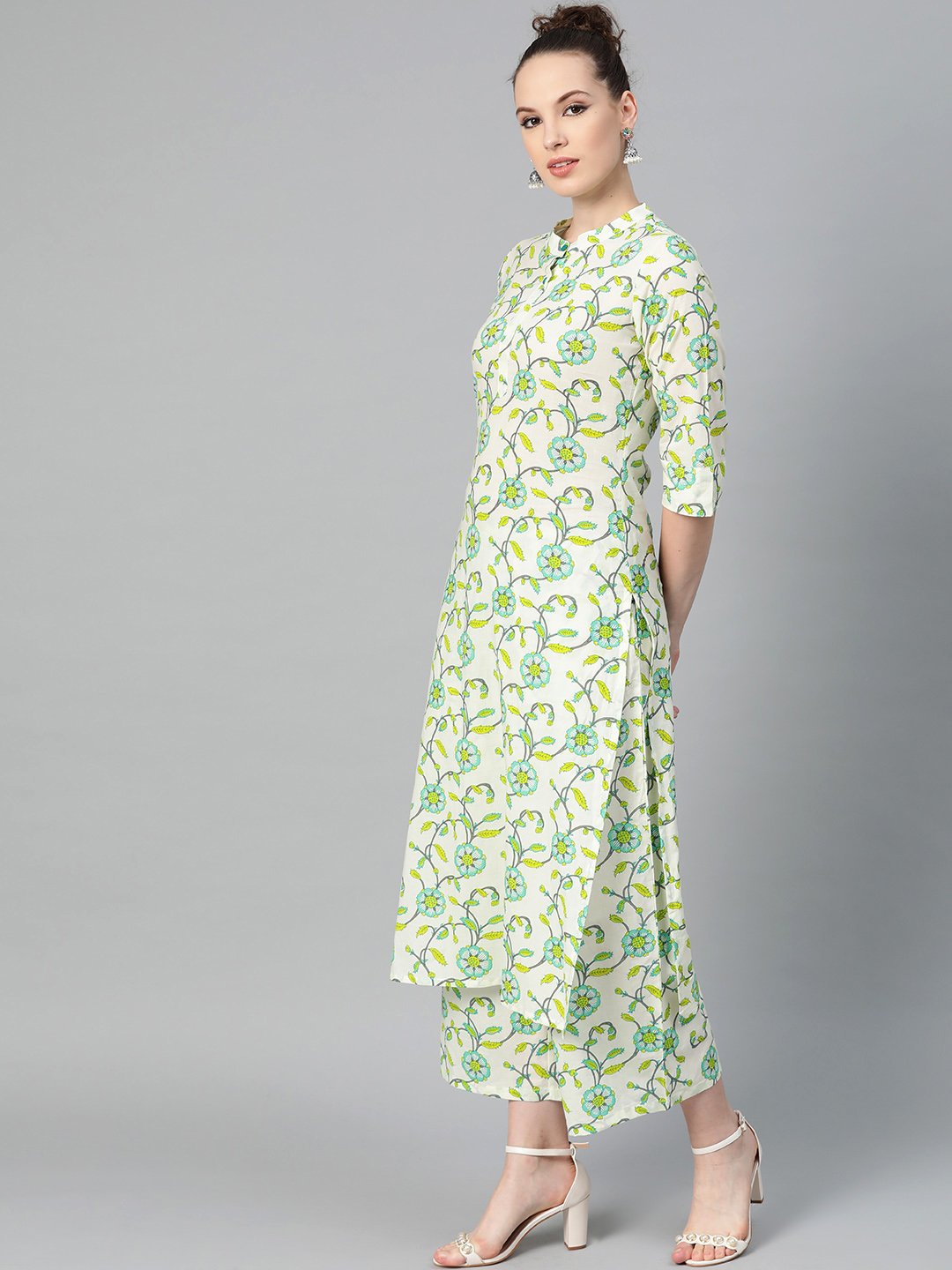 Off-White & Green Printed Kurta With Palazzo | LASVINI - Redefining Indian Fashion with Elegance