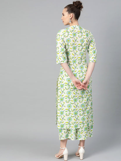 Off-White & Green Printed Kurta With Palazzo | LASVINI - Redefining Indian Fashion with Elegance
