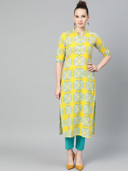 Mustard Printed Straight Cotton Kurta Set With Blue Pant | LASVINI - Redefining Indian Fashion with Elegance