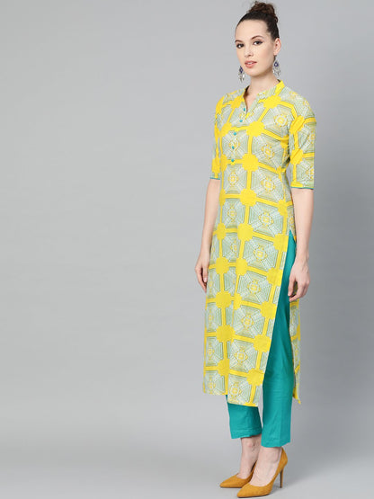 Mustard Printed Straight Cotton Kurta Set With Blue Pant | LASVINI - Redefining Indian Fashion with Elegance