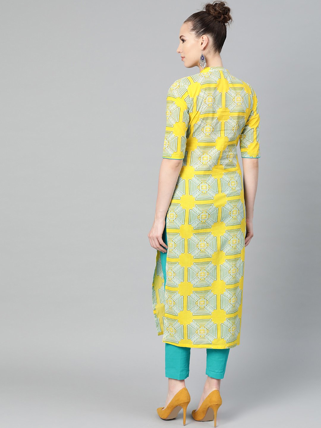 Mustard Printed Straight Cotton Kurta Set With Blue Pant | LASVINI - Redefining Indian Fashion with Elegance