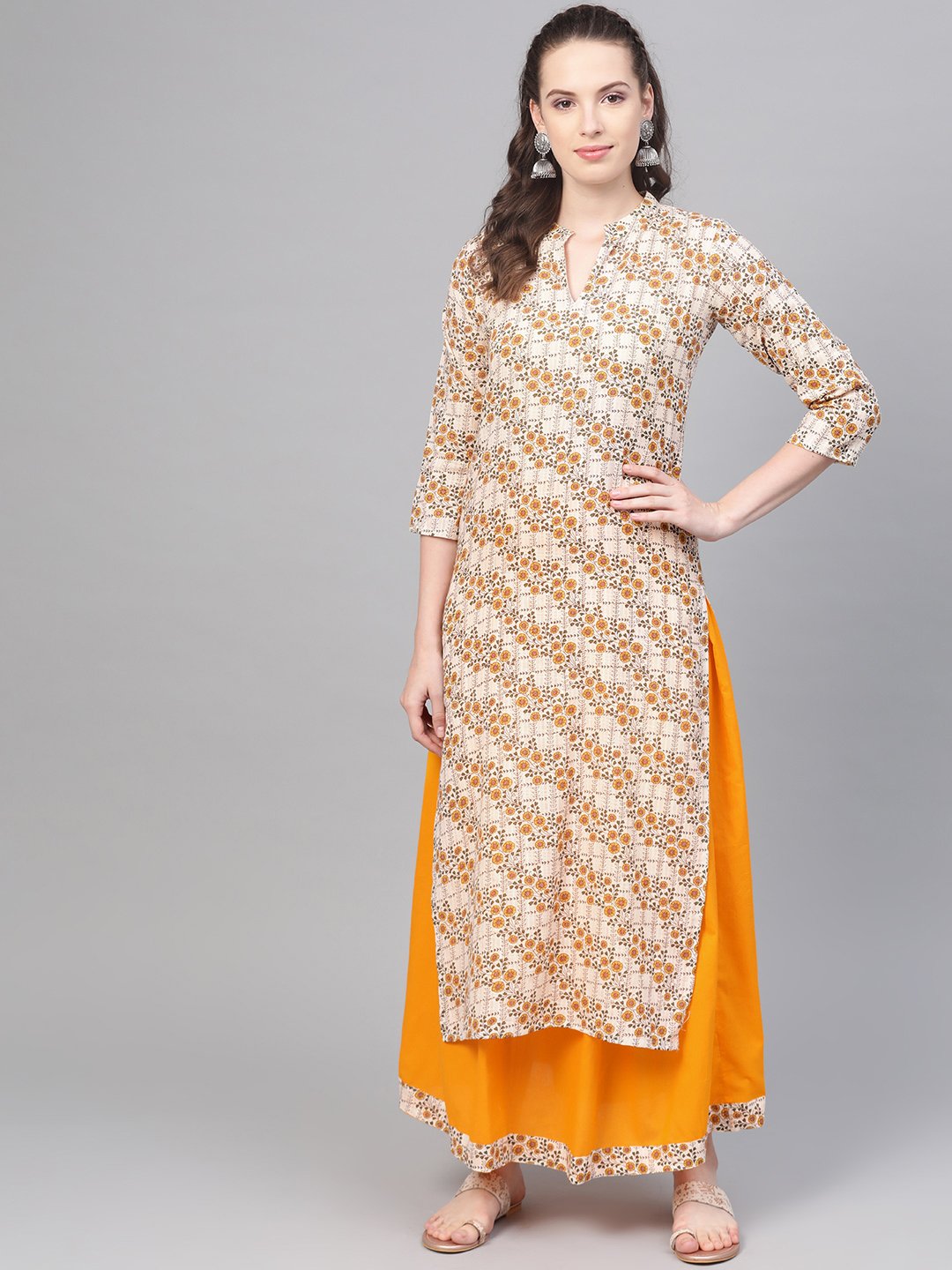 Cream & Yellow Gold Floral Printed Kurta Set With Skirt | LASVINI - Redefining Indian Fashion with Elegance