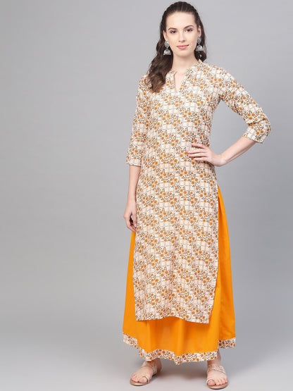 Cream & Yellow Gold Floral Printed Kurta Set With Skirt | LASVINI - Redefining Indian Fashion with Elegance