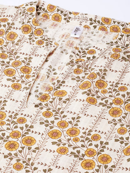 Cream & Yellow Gold Floral Printed Kurta Set With Skirt | LASVINI - Redefining Indian Fashion with Elegance