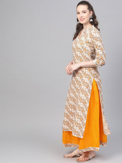 Cream & Yellow Gold Floral Printed Kurta Set With Skirt | LASVINI - Redefining Indian Fashion with Elegance