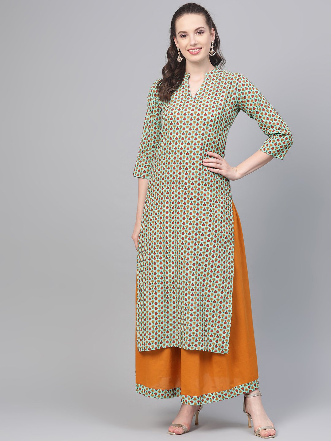 Pastel Green Multi Colored Printed Kurta Set With Solid Yellow Skirt | LASVINI - Redefining Indian Fashion with Elegance