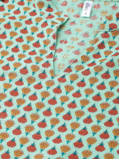 Pastel Green Multi Colored Printed Kurta Set With Solid Yellow Skirt | LASVINI - Redefining Indian Fashion with Elegance