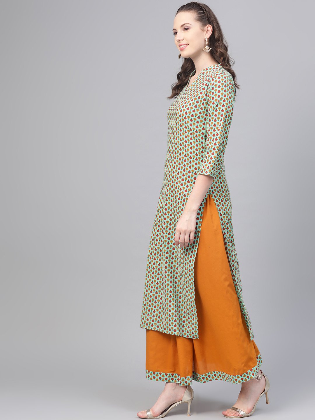 Pastel Green Multi Colored Printed Kurta Set With Solid Yellow Skirt | LASVINI - Redefining Indian Fashion with Elegance