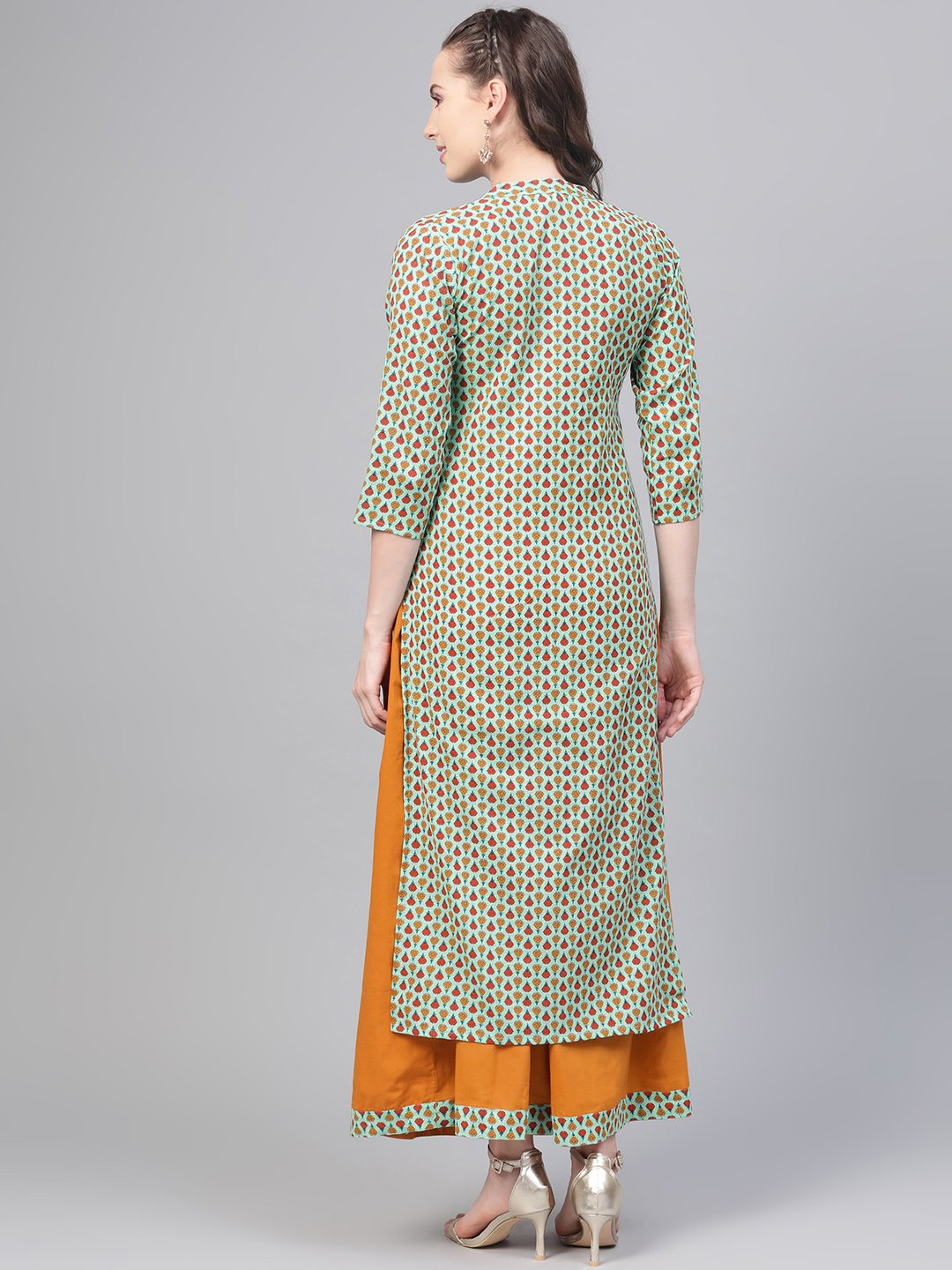 Pastel Green Multi Colored Printed Kurta Set With Solid Yellow Skirt | LASVINI - Redefining Indian Fashion with Elegance