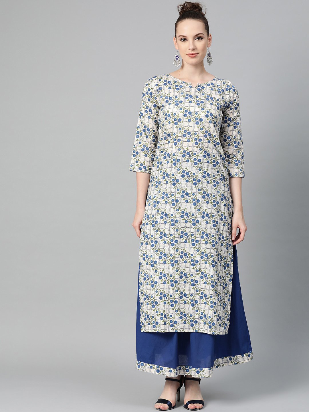 Off-White & Blue Gold Floral Printed Kurta Set With Skirt | LASVINI - Redefining Indian Fashion with Elegance