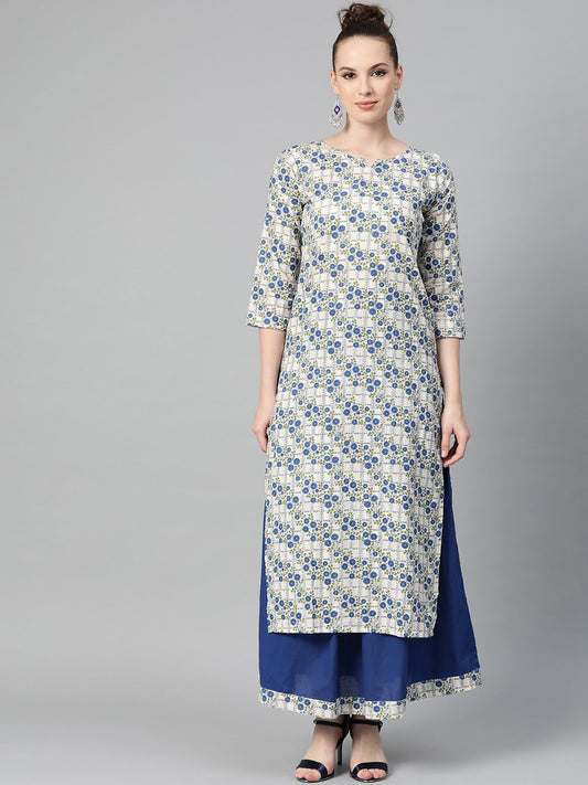 Off-White & Blue Gold Floral Printed Kurta Set With Skirt | LASVINI - Redefining Indian Fashion with Elegance