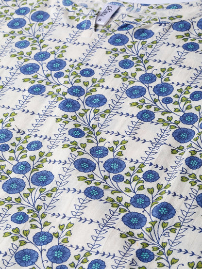 Off-White & Blue Gold Floral Printed Kurta Set With Skirt | LASVINI - Redefining Indian Fashion with Elegance
