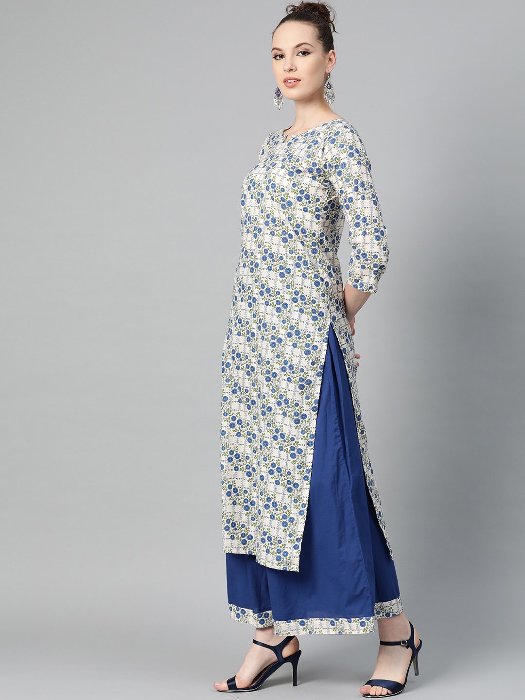 Off-White & Blue Gold Floral Printed Kurta Set With Skirt | LASVINI - Redefining Indian Fashion with Elegance