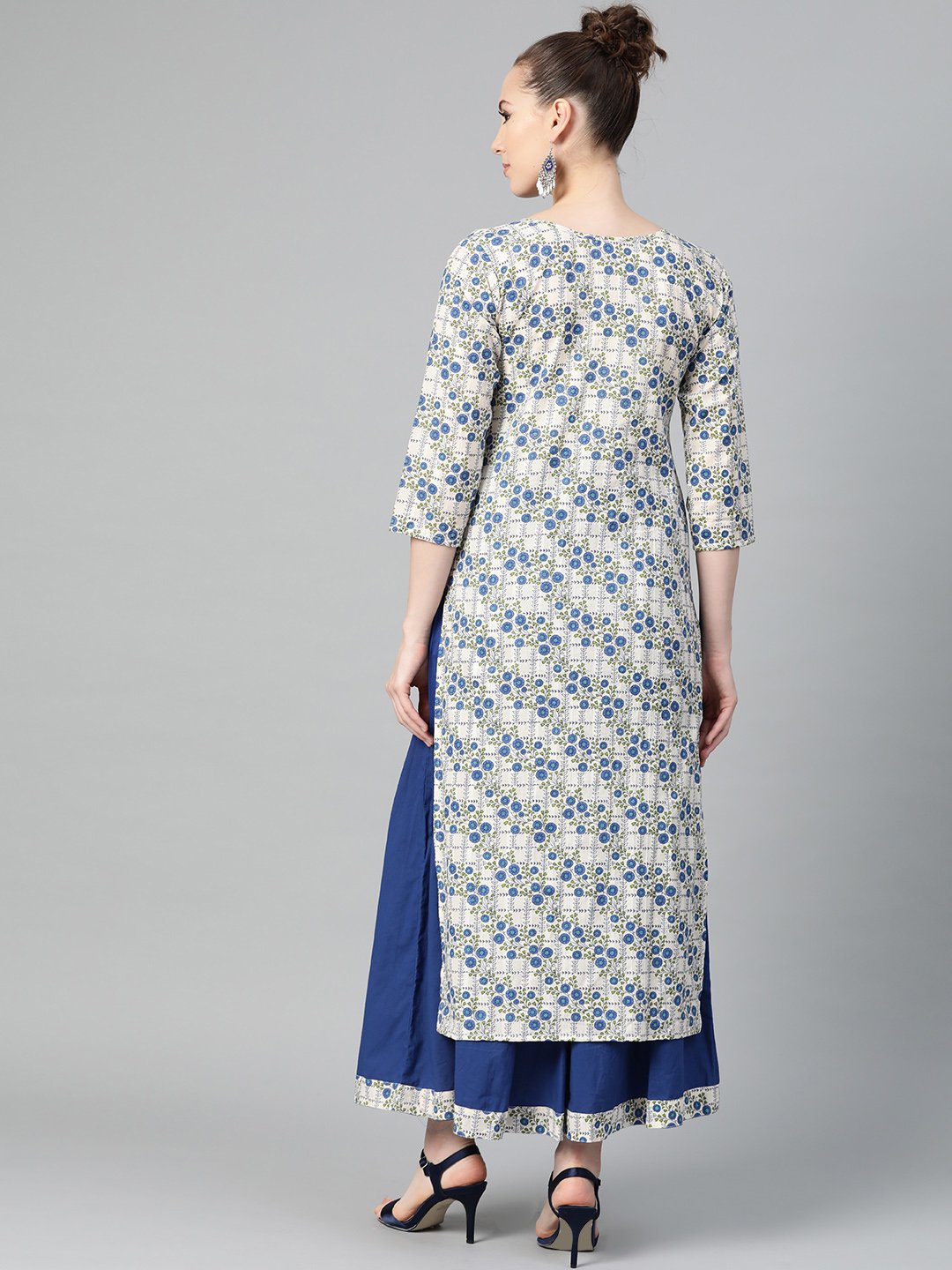 Off-White & Blue Gold Floral Printed Kurta Set With Skirt | LASVINI - Redefining Indian Fashion with Elegance