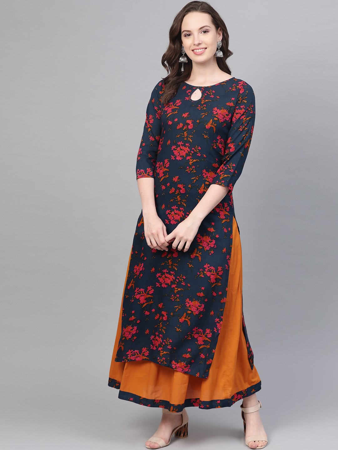 Teal Blue & Yellow Multi Colored Floral Printed Kurta Set With Skirt | LASVINI - Redefining Indian Fashion with Elegance