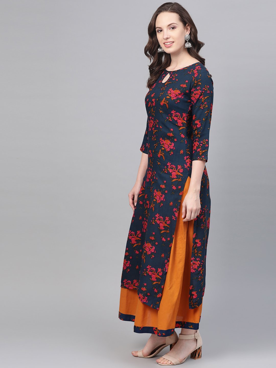 Teal Blue & Yellow Multi Colored Floral Printed Kurta Set With Skirt | LASVINI - Redefining Indian Fashion with Elegance