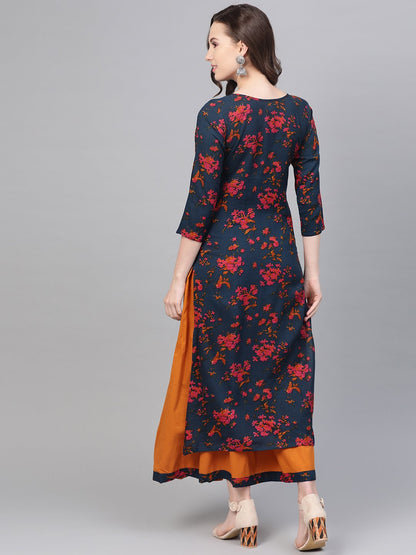 Teal Blue & Yellow Multi Colored Floral Printed Kurta Set With Skirt | LASVINI - Redefining Indian Fashion with Elegance