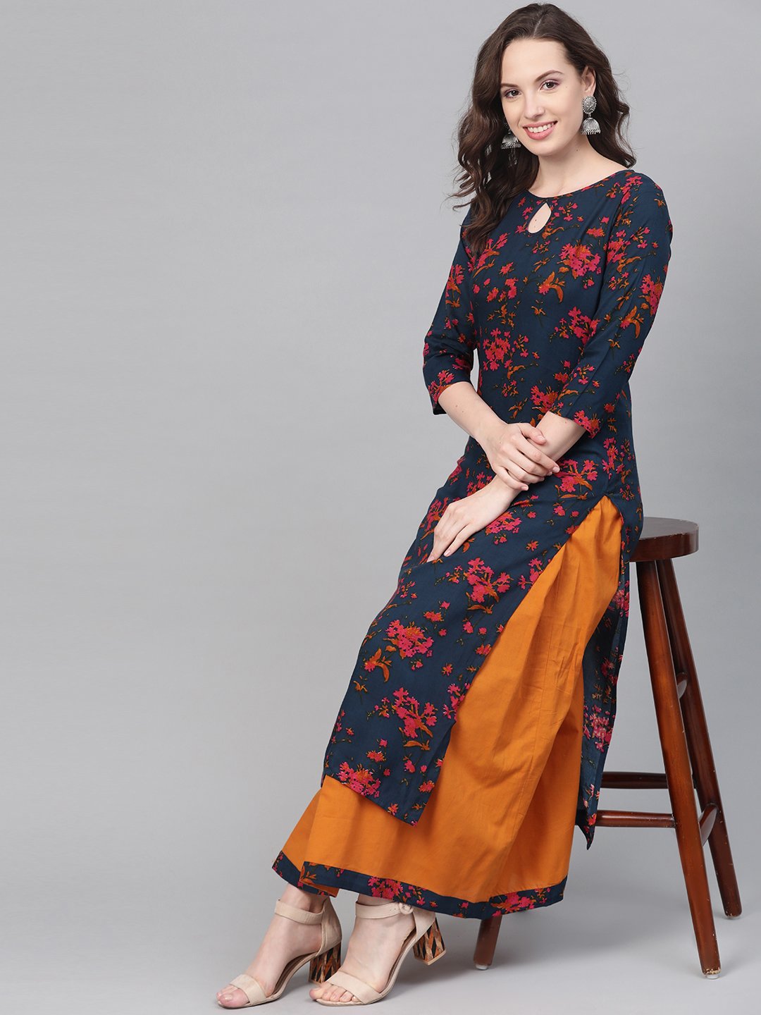 Teal Blue & Yellow Multi Colored Floral Printed Kurta Set With Skirt | LASVINI - Redefining Indian Fashion with Elegance