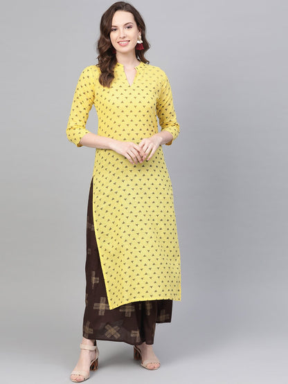 Yellow & Dark Brown Printed Straight Kurta Set Wih Skirt | LASVINI - Redefining Indian Fashion with Elegance