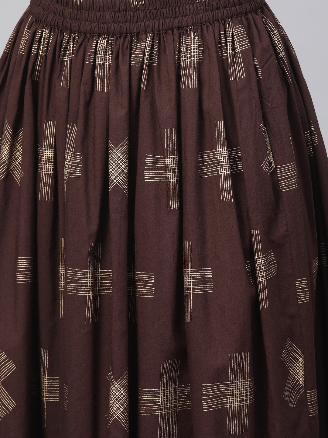 Yellow & Dark Brown Printed Straight Kurta Set Wih Skirt | LASVINI - Redefining Indian Fashion with Elegance