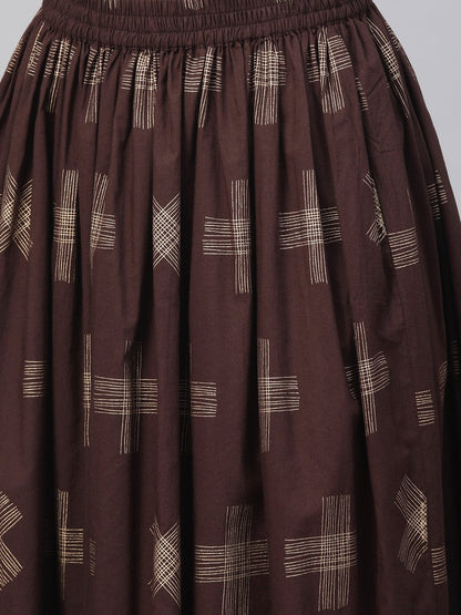 Yellow & Dark Brown Printed Straight Kurta Set Wih Skirt | LASVINI - Redefining Indian Fashion with Elegance