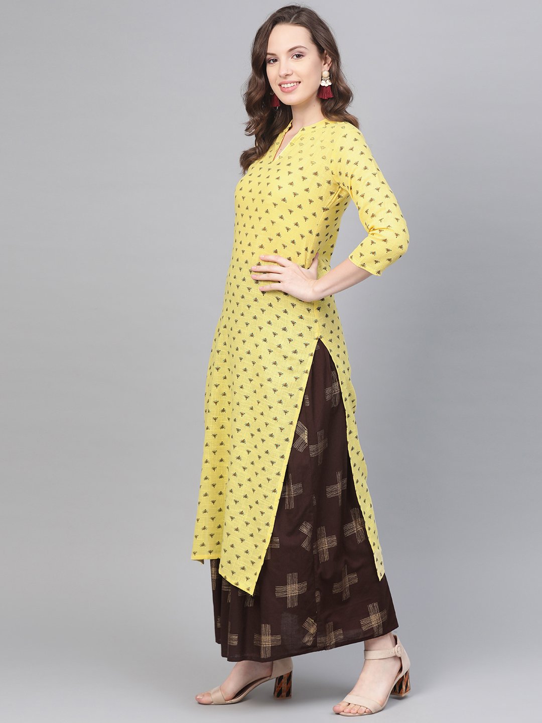 Yellow & Dark Brown Printed Straight Kurta Set Wih Skirt | LASVINI - Redefining Indian Fashion with Elegance