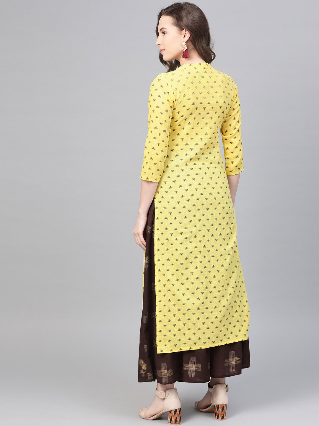 Yellow & Dark Brown Printed Straight Kurta Set Wih Skirt | LASVINI - Redefining Indian Fashion with Elegance