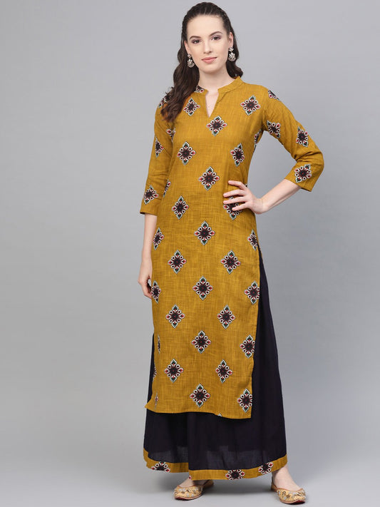 Mustard & Navy Blue Straight Printed Kurta Set With Skirt | LASVINI - Redefining Indian Fashion with Elegance