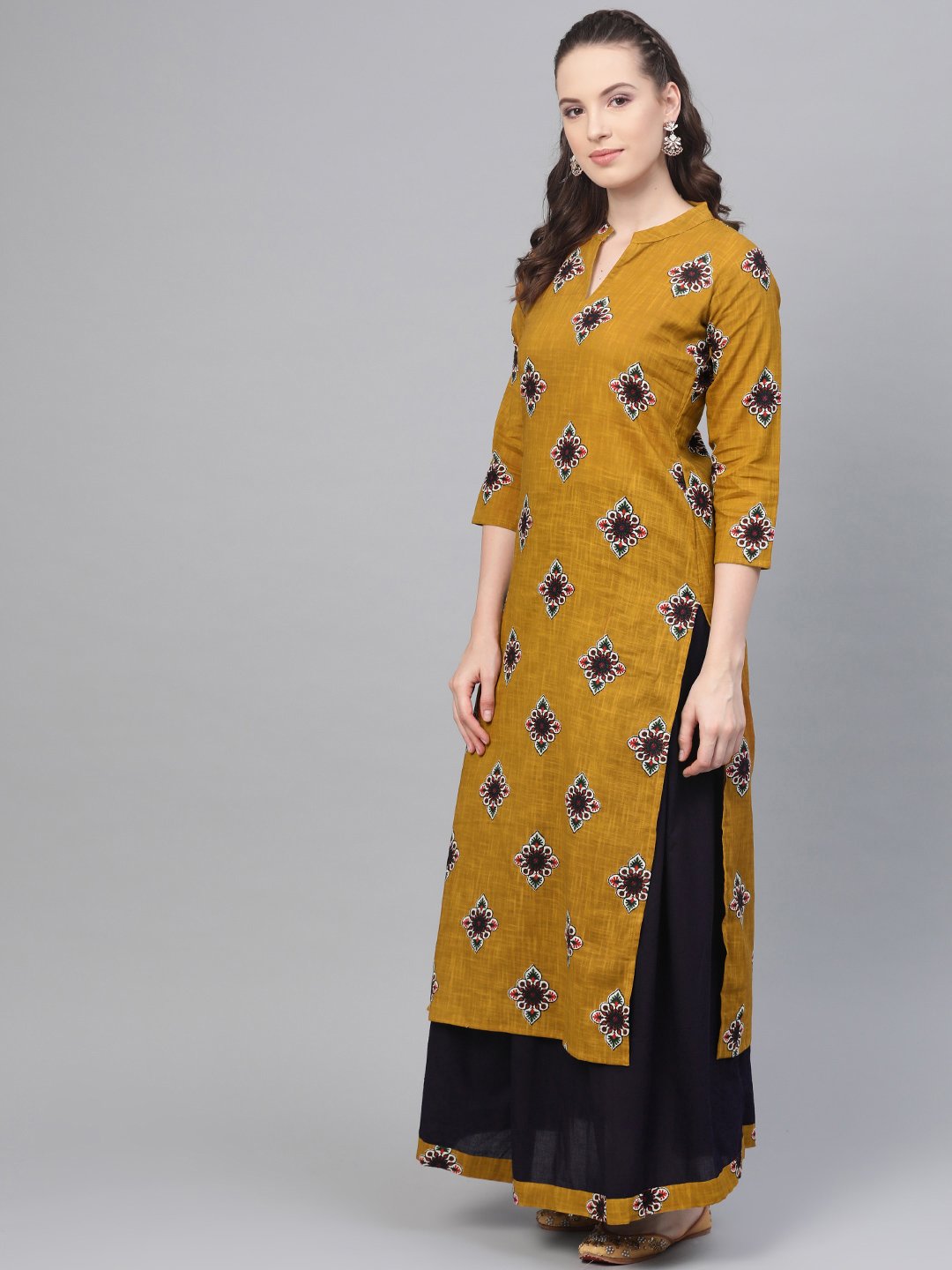 Mustard & Navy Blue Straight Printed Kurta Set With Skirt | LASVINI - Redefining Indian Fashion with Elegance