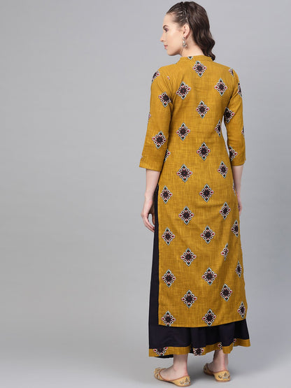 Mustard & Navy Blue Straight Printed Kurta Set With Skirt | LASVINI - Redefining Indian Fashion with Elegance