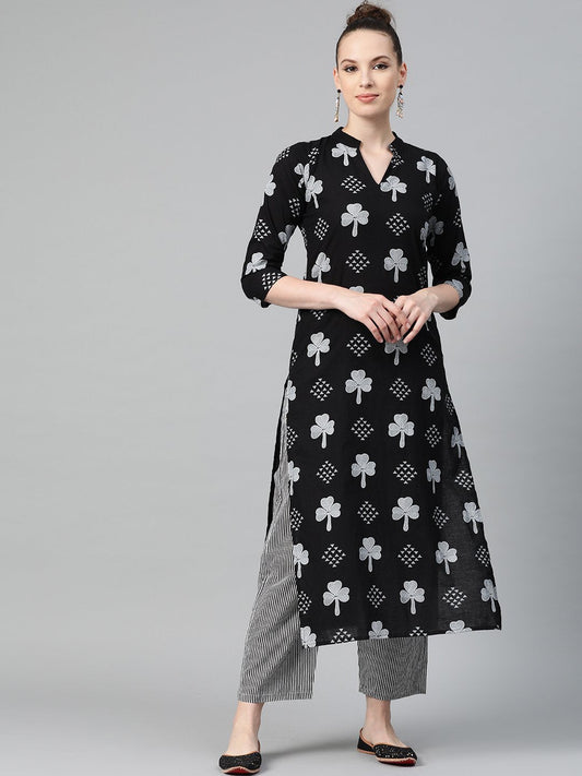 Black & Grey Straight Kurta Set With Striped Pant | LASVINI - Redefining Indian Fashion with Elegance