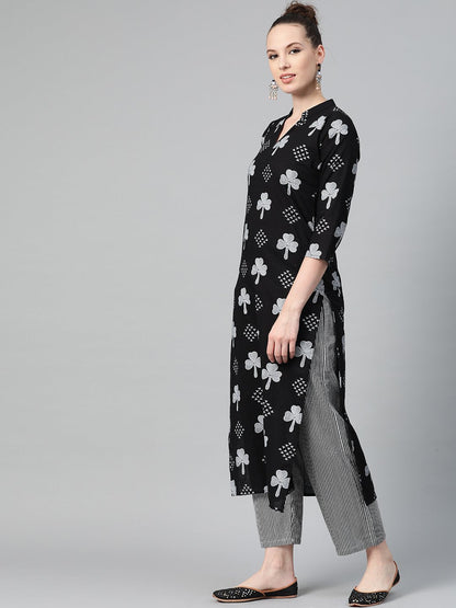 Black & Grey Straight Kurta Set With Striped Pant | LASVINI - Redefining Indian Fashion with Elegance