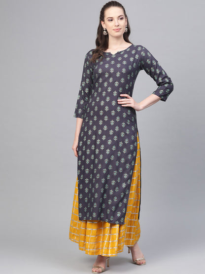 Grey Printed Straight Kurta Set With Mango Checked Skirt | LASVINI - Redefining Indian Fashion with Elegance