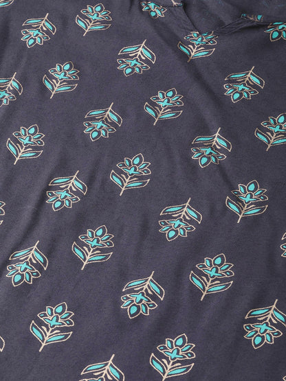 Grey Printed Straight Kurta Set With Mango Checked Skirt | LASVINI - Redefining Indian Fashion with Elegance