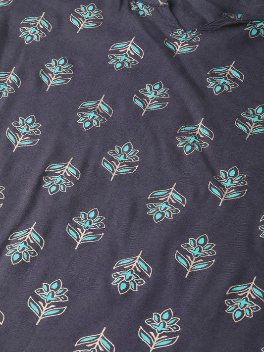 Grey Printed Straight Kurta Set With Mango Checked Skirt | LASVINI - Redefining Indian Fashion with Elegance