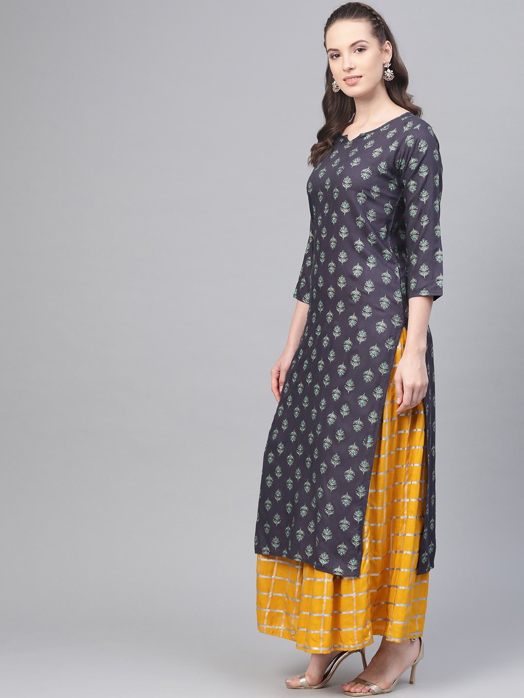 Grey Printed Straight Kurta Set With Mango Checked Skirt | LASVINI - Redefining Indian Fashion with Elegance