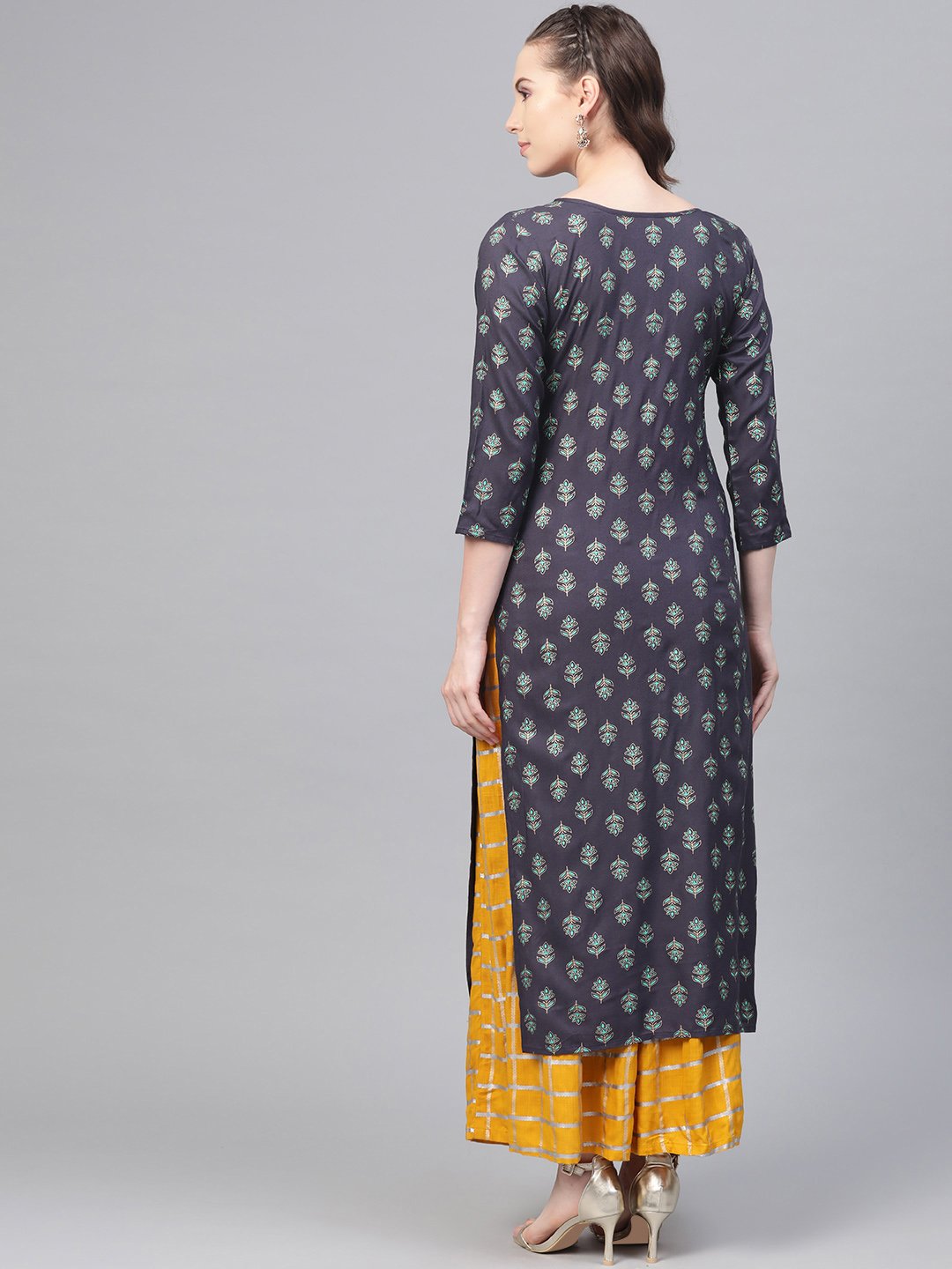 Grey Printed Straight Kurta Set With Mango Checked Skirt | LASVINI - Redefining Indian Fashion with Elegance
