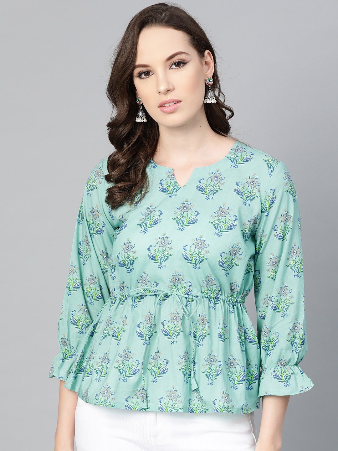 Mint Blue With Multi Floral Printed Top With Drawstring Style | LASVINI - Redefining Indian Fashion with Elegance