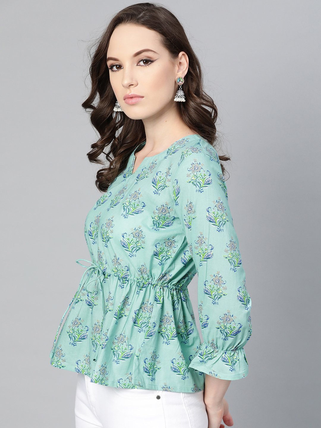 Mint Blue With Multi Floral Printed Top With Drawstring Style | LASVINI - Redefining Indian Fashion with Elegance