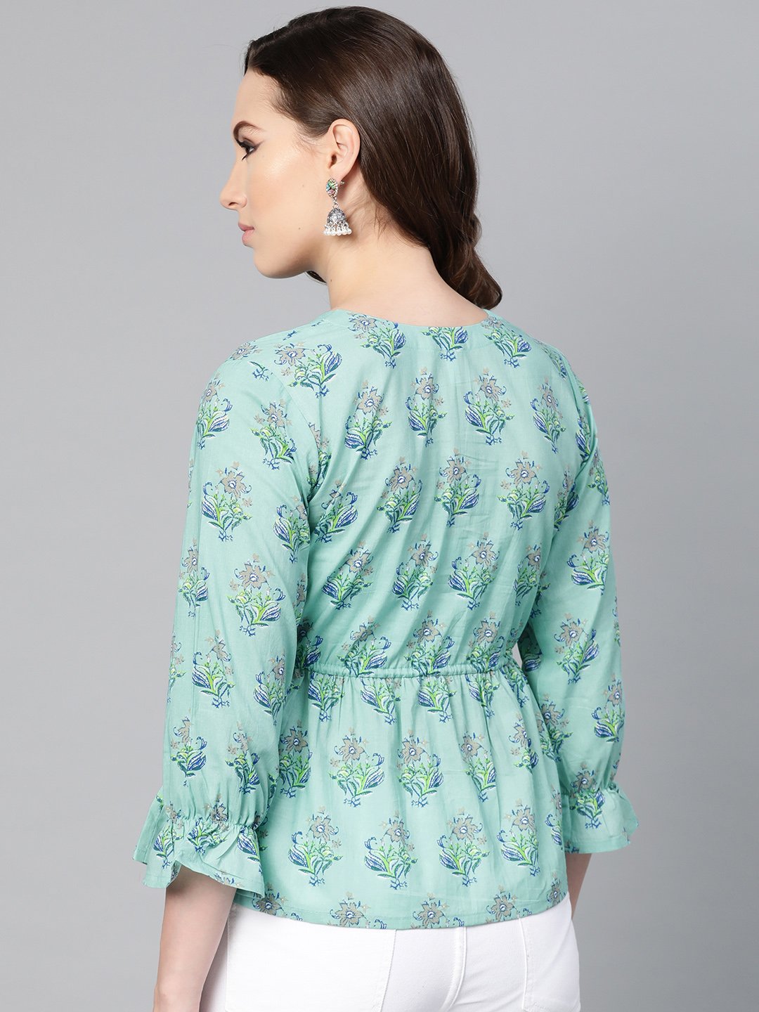 Mint Blue With Multi Floral Printed Top With Drawstring Style | LASVINI - Redefining Indian Fashion with Elegance