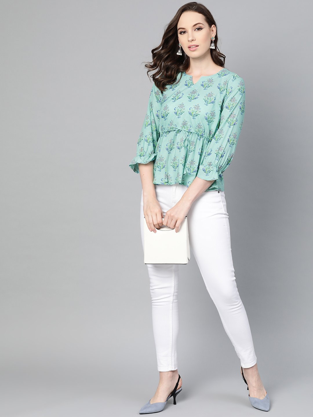 Mint Blue With Multi Floral Printed Top With Drawstring Style | LASVINI - Redefining Indian Fashion with Elegance