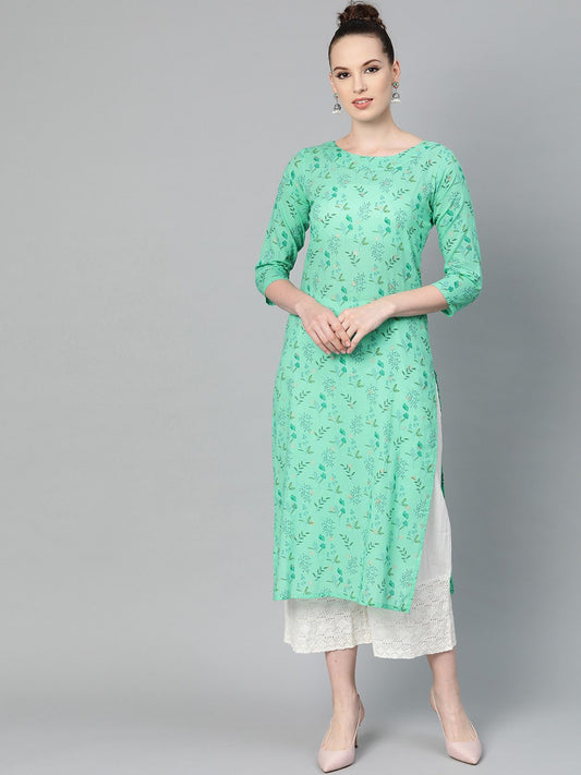 Fern Green Floral Printed Straight Kurta With Round Neck & 3/4 Sleeves | LASVINI - Redefining Indian Fashion with Elegance