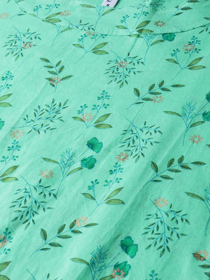 Fern Green Floral Printed Straight Kurta With Round Neck & 3/4 Sleeves | LASVINI - Redefining Indian Fashion with Elegance