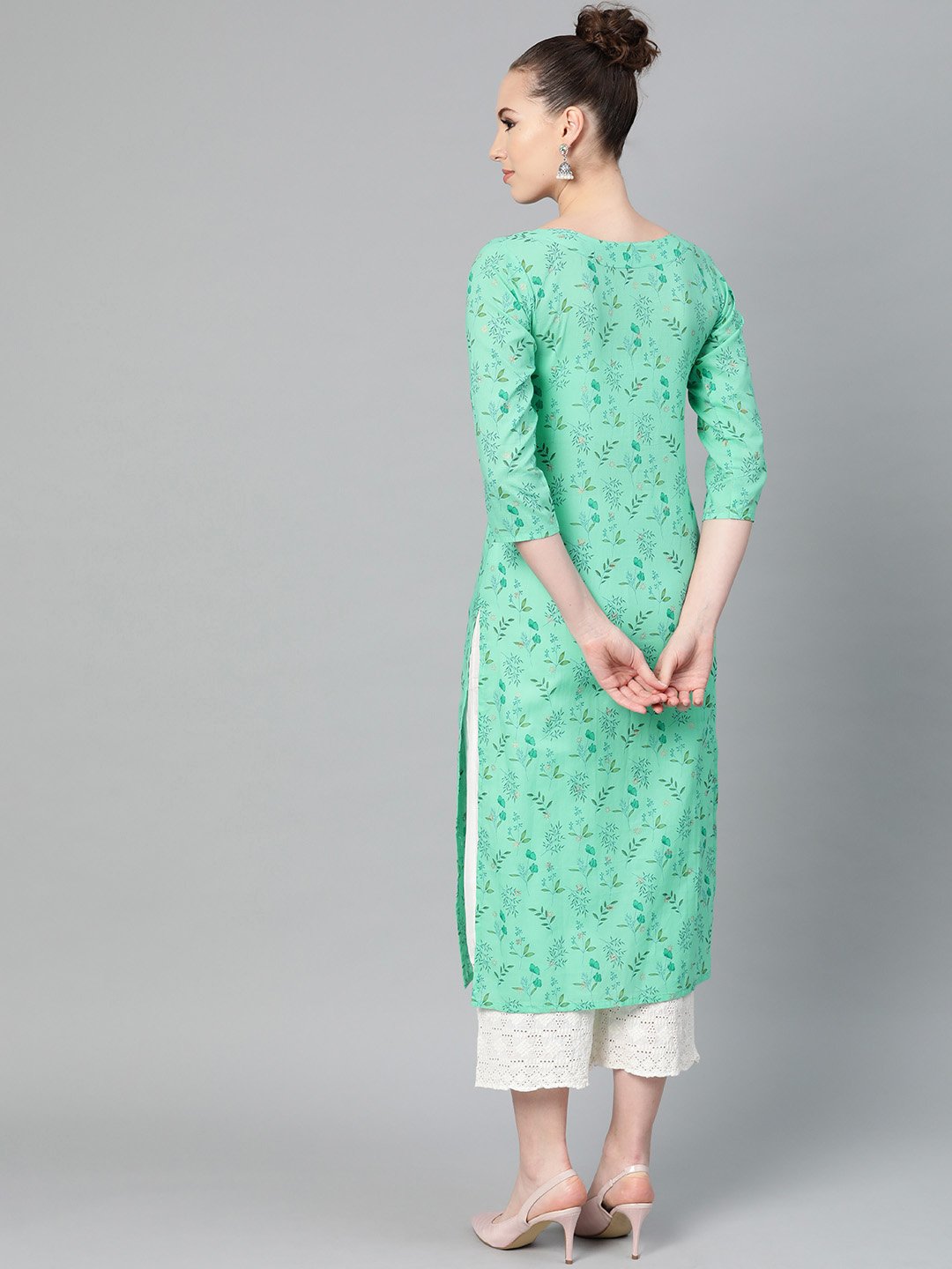 Fern Green Floral Printed Straight Kurta With Round Neck & 3/4 Sleeves | LASVINI - Redefining Indian Fashion with Elegance