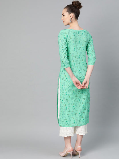 Fern Green Floral Printed Straight Kurta With Round Neck & 3/4 Sleeves | LASVINI - Redefining Indian Fashion with Elegance