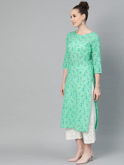 Fern Green Floral Printed Straight Kurta With Round Neck & 3/4 Sleeves | LASVINI - Redefining Indian Fashion with Elegance