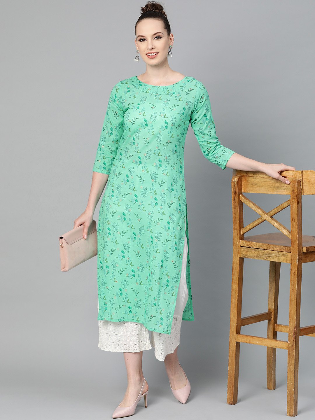 Fern Green Floral Printed Straight Kurta With Round Neck & 3/4 Sleeves | LASVINI - Redefining Indian Fashion with Elegance
