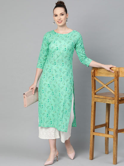 Fern Green Floral Printed Straight Kurta With Round Neck & 3/4 Sleeves | LASVINI - Redefining Indian Fashion with Elegance